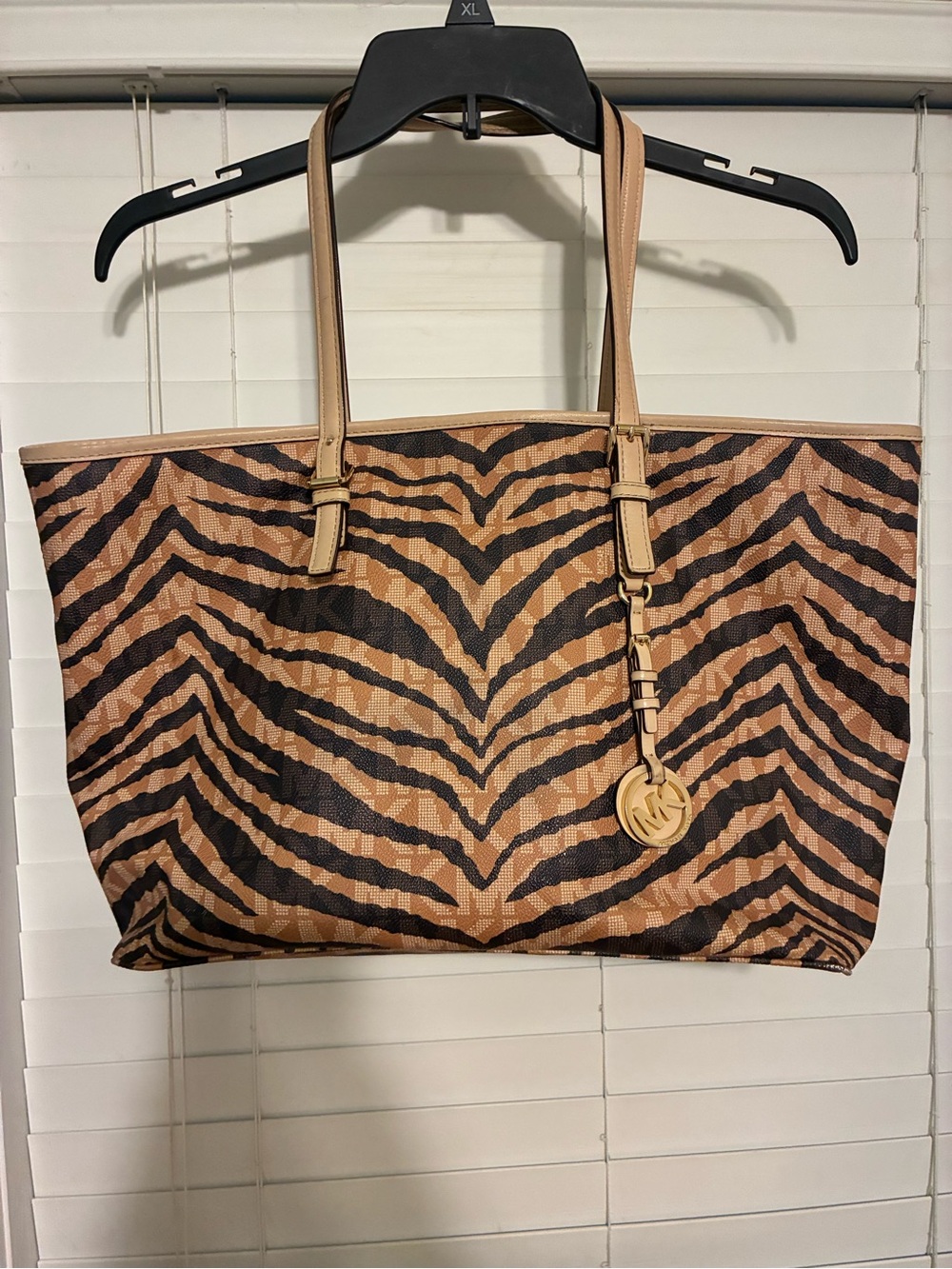 Michael Kors Black and Tan Zebra-Print Jet Setter Tote